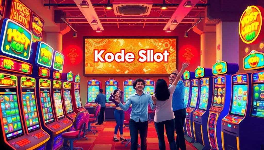 Kode4d slot gaming scene with colorful machines and joyful players celebrating wins