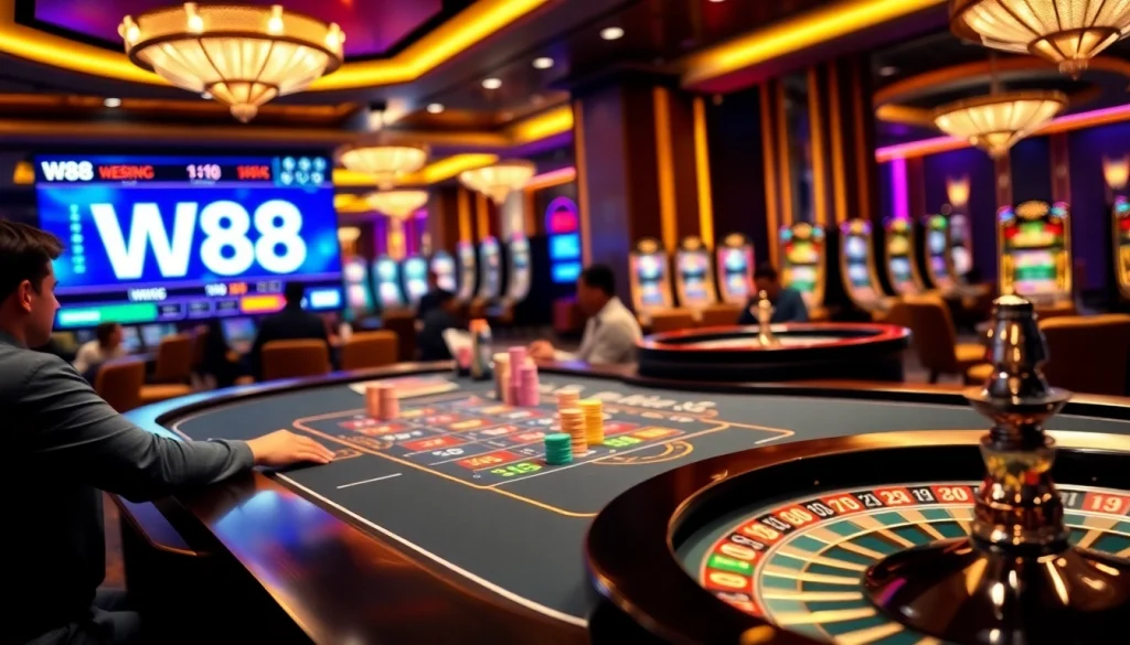 Experience excitement with W88 link at a vibrant casino table featuring players and chips.