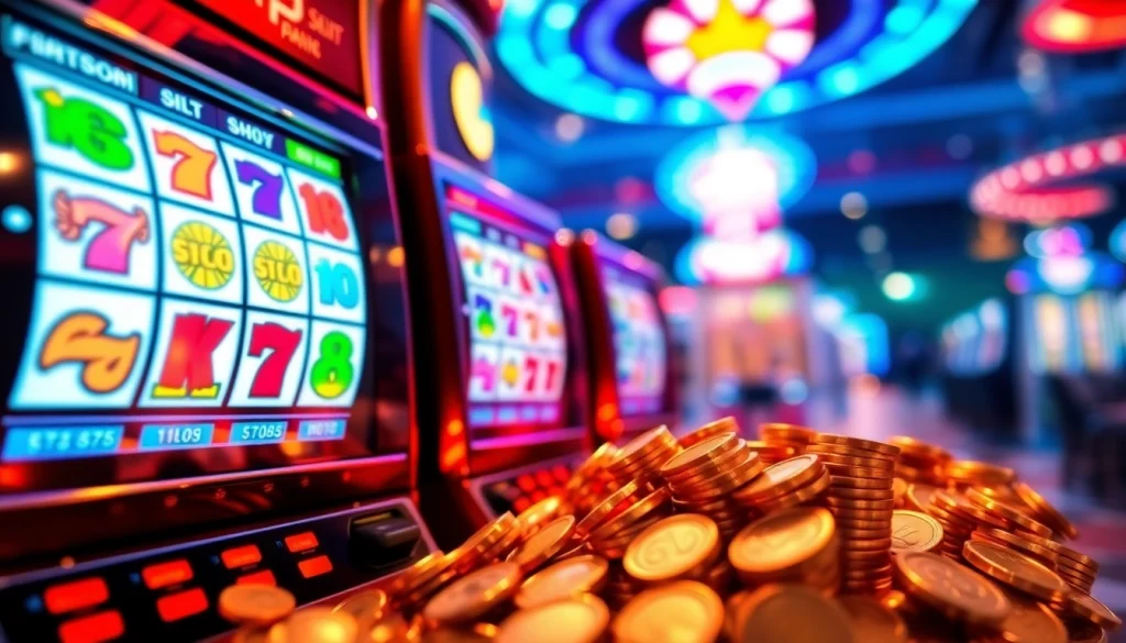 Menggoda pemain dengan slot pulsa 5000 pada mesin slot digital yang berkilauan dan elemen kasino warna-warni.