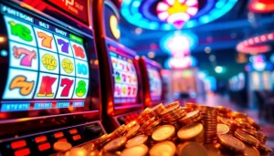 Menggoda pemain dengan slot pulsa 5000 pada mesin slot digital yang berkilauan dan elemen kasino warna-warni.