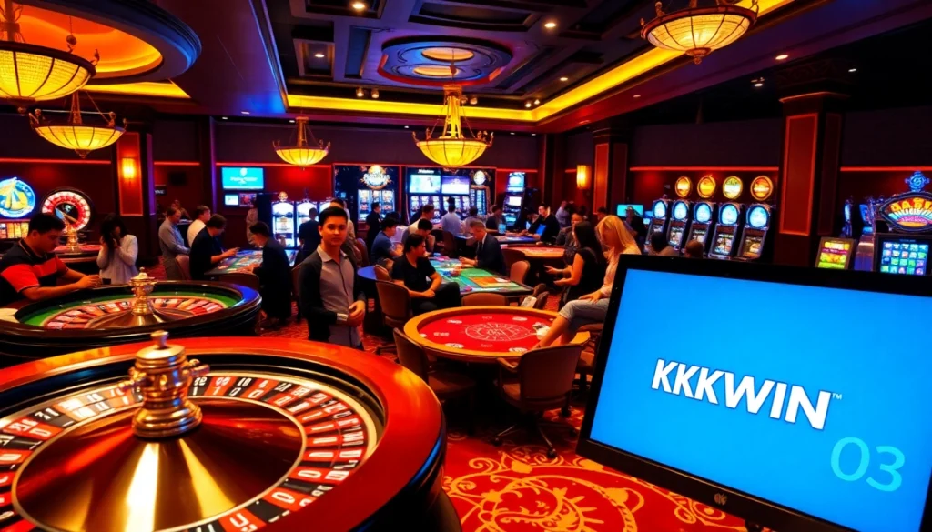 Experience the excitement of KKWIN 03 at the vibrant casino with roulette and poker tables.