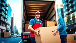 Loading furniture by the best movers in Vancouver shows vibrant city life and professionalism.
