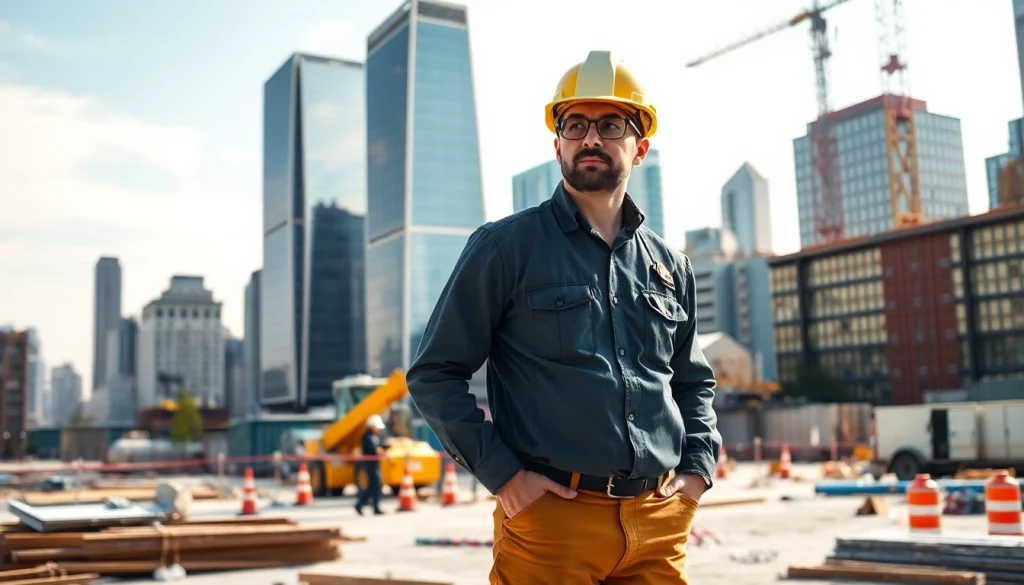 Manhattan General Contractor managing a construction site with a Manhattan skyline backdrop.