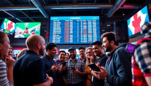 A dynamic sports betting atmosphere showcasing online sports betting Canada with enthusiastic bettors engaging via digital platforms.