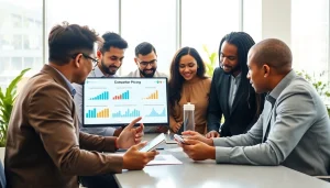 Evaluate competitor pricing strategies during a business meeting among diverse professionals.