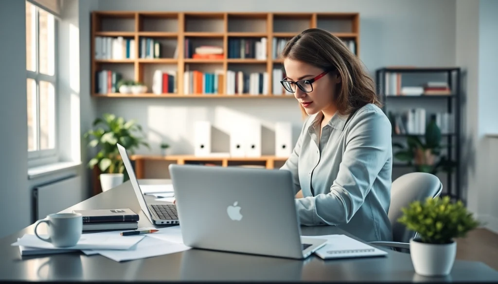 Showcasing effective proposal writing and management through a focused professional in an organized workspace.