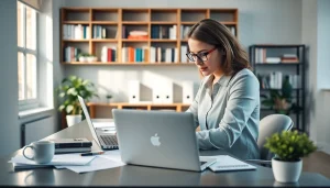 Showcasing effective proposal writing and management through a focused professional in an organized workspace.