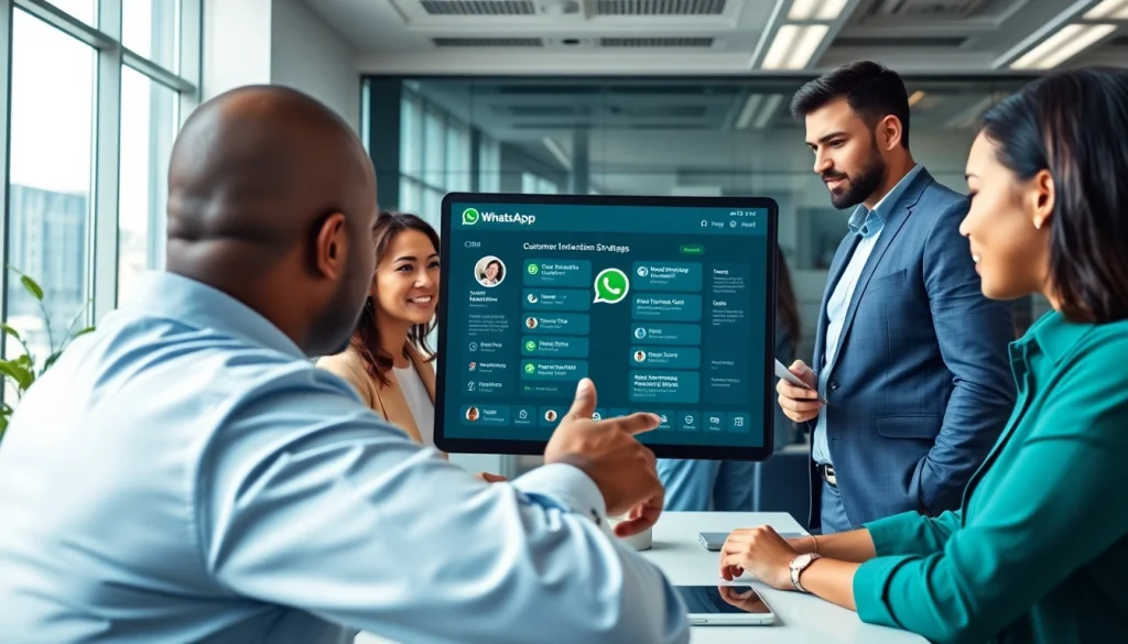 Engaged team exploring WhatsApp Business CRM features in a modern workspace.