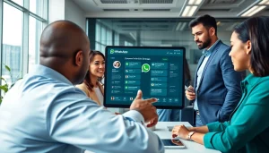 Engaged team exploring WhatsApp Business CRM features in a modern workspace.