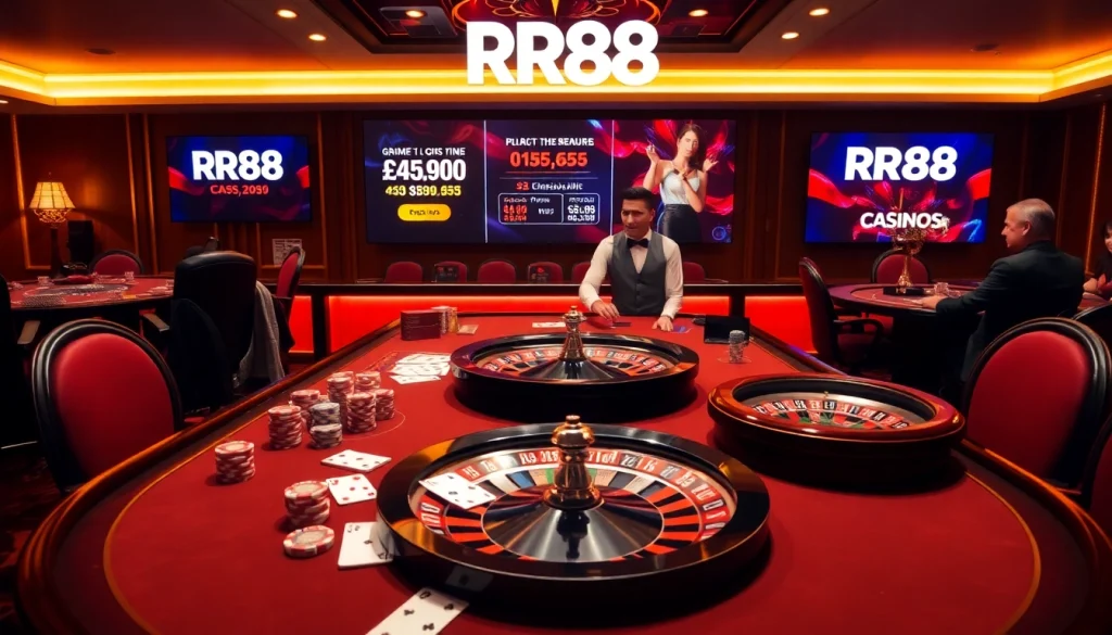 RR88 casino table with poker chips and roulette wheel in an engaging gambling scene.