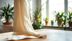 Linnenweefsel elegant over een tafel, met een rijke textuur en een uitnodigende uitstraling.