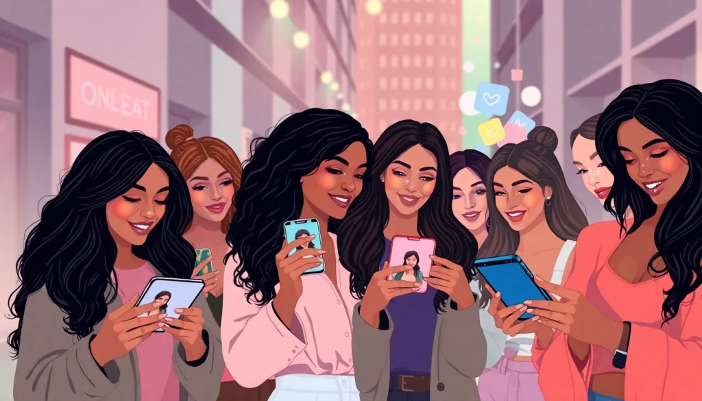 Find OnlyFans girls in my area surrounded by diverse models engaging with mobile devices in a stylish urban setting.