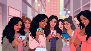 Find OnlyFans girls in my area surrounded by diverse models engaging with mobile devices in a stylish urban setting.