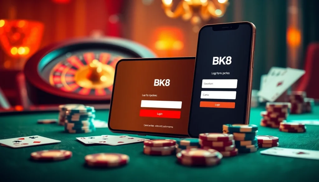 bk8 login interface on a high-end mobile device amidst poker chips and a roulette wheel, showcasing casino excitement.