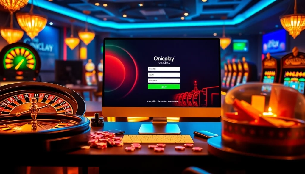 Experience the thrill of Onicplay login in a luxurious online gambling environment with vibrant casino elements.