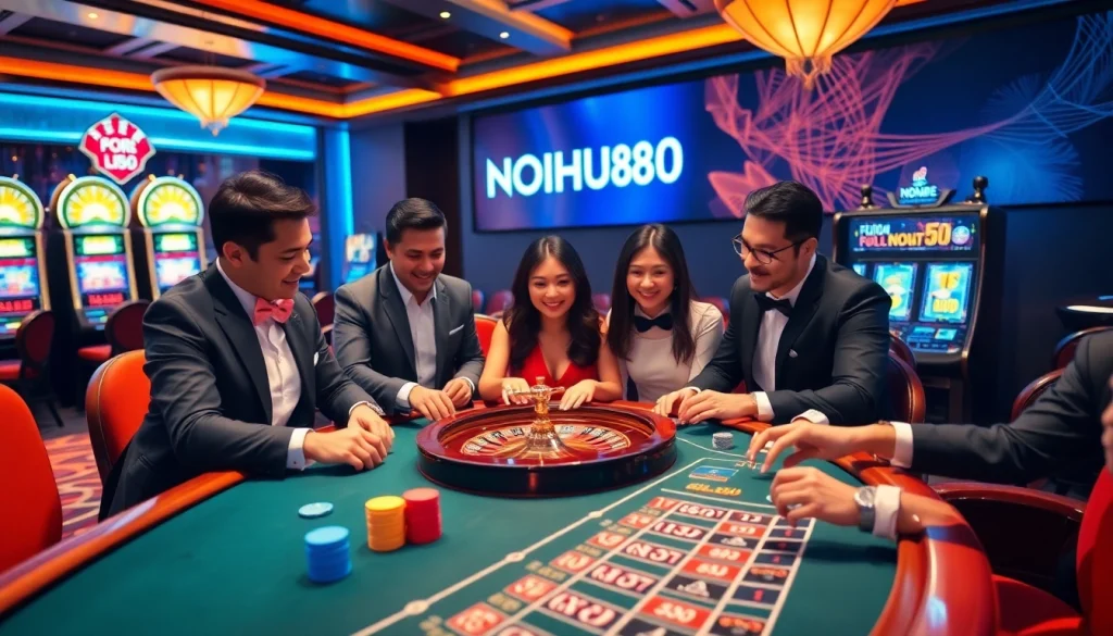 NoHU90 gaming scene filled with excitement, showcasing a casino table, chips, and players in action.