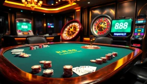 Experience the thrill of RR88 at a luxurious poker table with vibrant chips and an exciting roulette wheel.