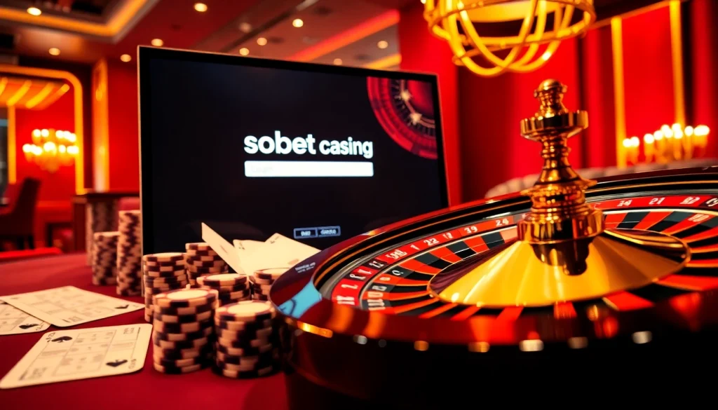 Sbobet login interface displayed on an elegant casino backdrop, featuring vibrant betting elements.