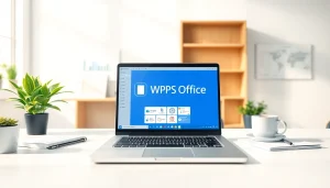 在专业工作区的一台现代笔记本上展示的 WPS Office，突出创新的生产力工具。