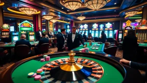 Experience the thrill of betting at say88 com, with a vibrant casino scene showcasing poker and roulette.