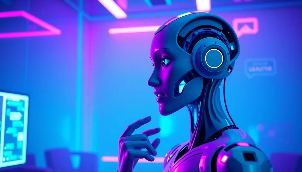 AI nsfw character in a neon-lit virtual chat environment, engaging dialogue.