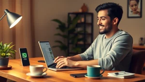 在舒适的家庭办公室中使用快连VPN进行 WhatsApp 无缝沟通的人